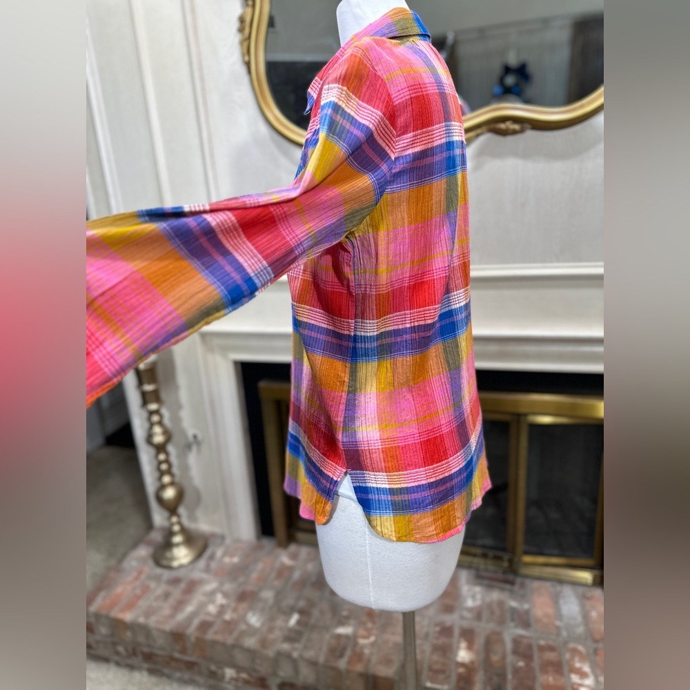 Soft Surroundings Sansonne Rainbow Plaid‎ Crinkle Blouse M - Picture 6 of 11